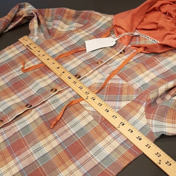 Hooded Button Down Shirt with Rust Hood and Rose Plaid - Picture 5 of 6